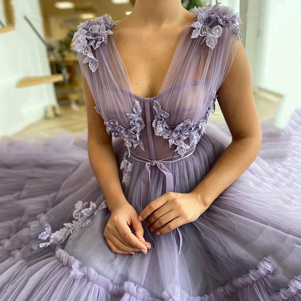 Sevintage Elegant Lavender Tiered Tulle Long Prom Dresses 2021 A Line Fitted Boning 3D Flowers Floor Length Evening Gowns