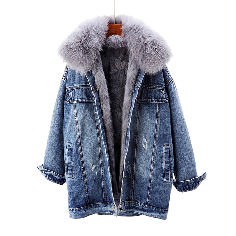 

Removable Fox Fur Collar Rex Rabbit Fur Liner Denim Jacket Women Loose 5 Color Winter Thick Warm Parker Jeans Jacket Coat Female