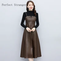 strap pu leather dress female french retro waist slim mid length strap leather dress suit