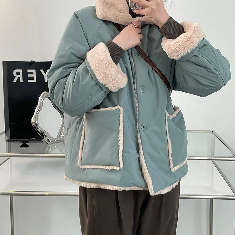

Fuzzy Lined Laped Pocket Front Thicken Parka Blue / Black / Yelllow