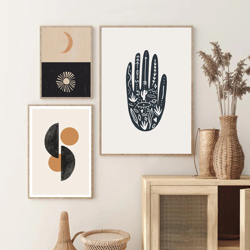 

Abstract Geometric Shape Prints Sun Moon Hand Poster Boho Modern Mid Century Wall Art Picture Canvas Painting Living Room Decor
