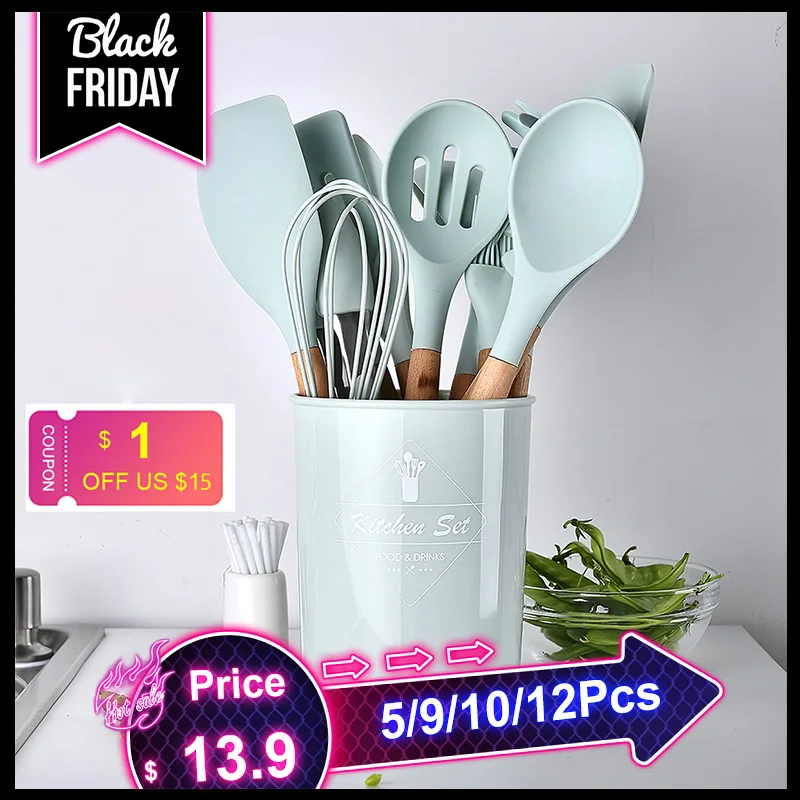 Набор силиконовых кухонных принадлежностей 5/9/10/12 шт. антипригарный шпатель