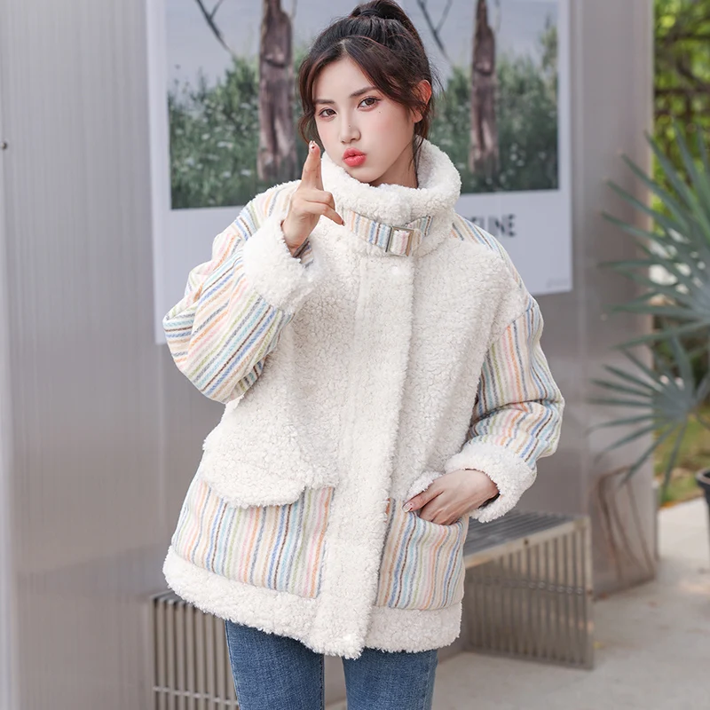 

Lamb Wool Stitching Down Jacket Women College Style Stand Collar Winter Cotton Coats Thicken Warm Outer Casual All-Match