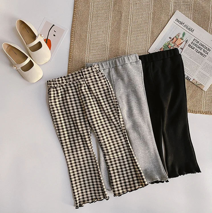 

Детские узкие брюки WLG для девочек, весна-осень, серые, черные клетчатые брюки, повседневные универсальные брюки для маленьких девочек