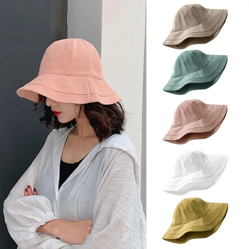 

Korean Women Summer Outdoor Bucket Hat Simple Solid Color Wide Brim Sunscreen Foldable Adjustable Cotton Fisherman Cap