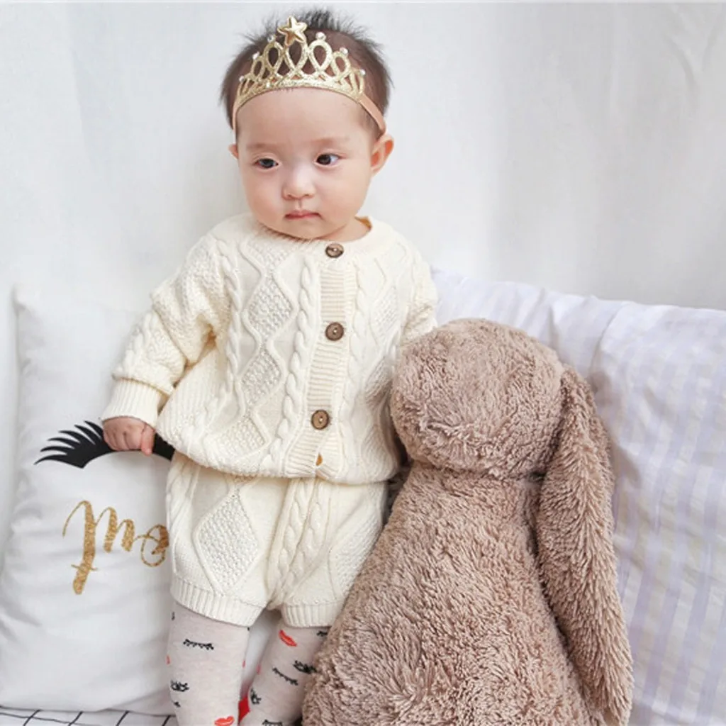 0-24M Knitting Girls Clothing Sets Pure Cotton Knit Suit Long Sleeved Jacket Shorts Two Pieces Girls Clothes Girls Clothing Sets