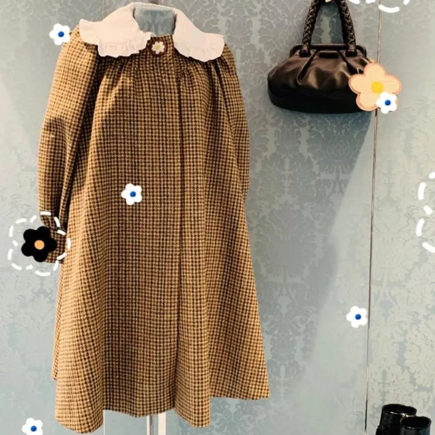 

Зимнее шерстяное пальто Vinatge с рисунком «гусиные лапки», Женская свободная накидка с воротником «Питер Пэн», небольшая парная шерстяная вер...