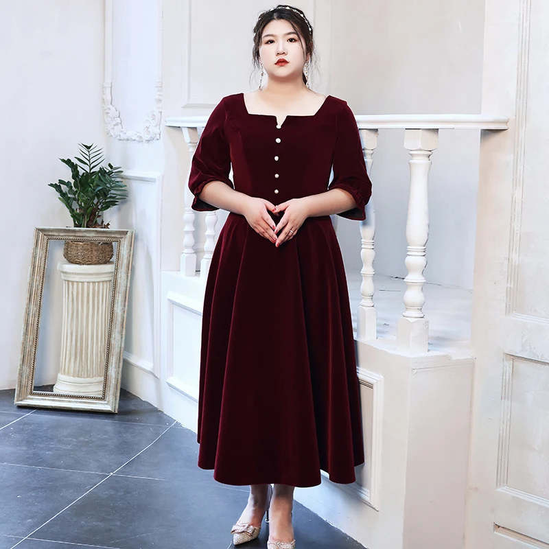 

Evening Dress Burgundy Button Square Collar Half Sleeves Tea-Length A-Line Ruched New Plus Size Women Party Formal Gowns D449