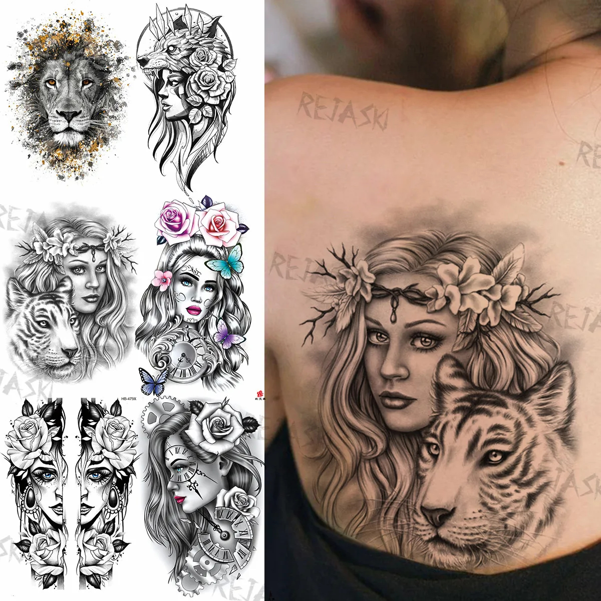 

Черная ведьма, тигр, временные татуировки для женщин и мужчин, реалистичные наклейки с Львом, гангстером, волком, цветком, искусственными та...