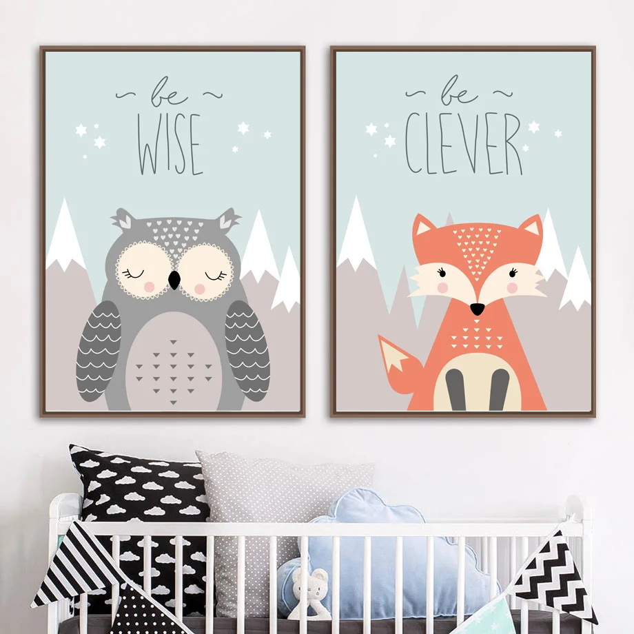 Мультфильм лиса Медведь Олень Сова цитаты стены искусства холст живопись