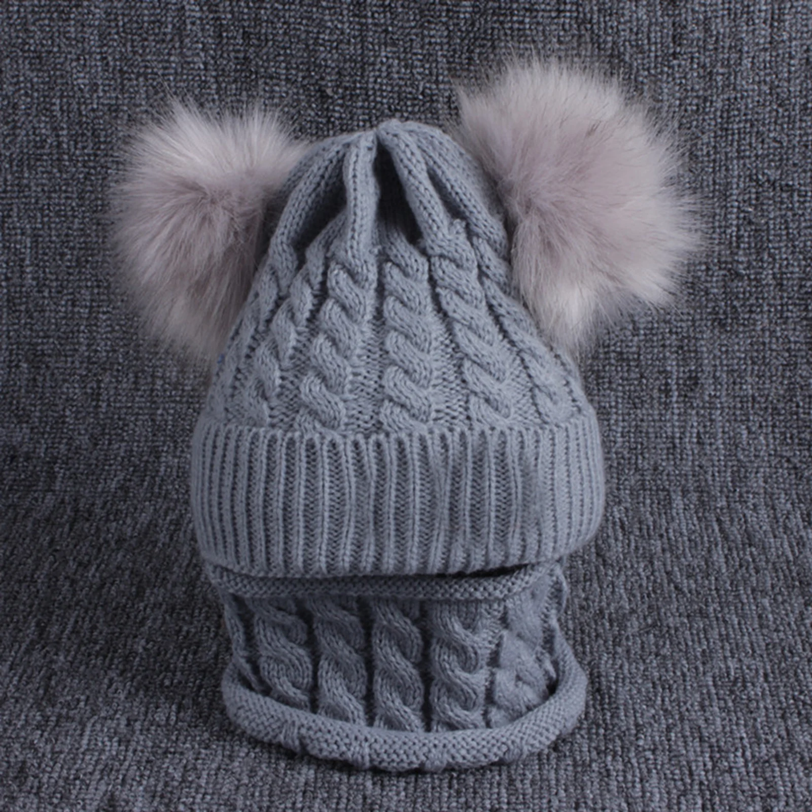 

Toddler Baby Winter Double Pompom Braid Knitted Hat Beanie Warm Neck Scarf Set