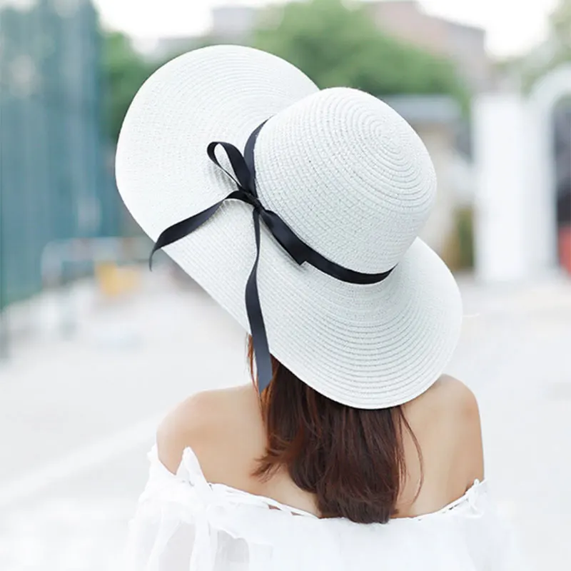 Летняя женская шляпа от солнца с большими широкими полями черная пляжная бантом