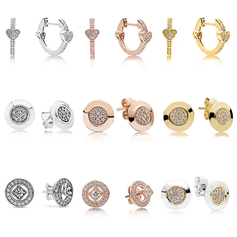 

925 Sterling Silver Earrings Diy Rose Gold round Pan Love Heart Crystal Earrings For Women Party Jewelry Gift
