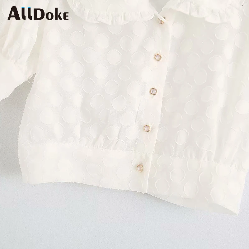 

ALLDOKE white casual women blouse summer turn down collar lantern sleeve crop tops shirt ruffles ladies ol blouses blusas mujer