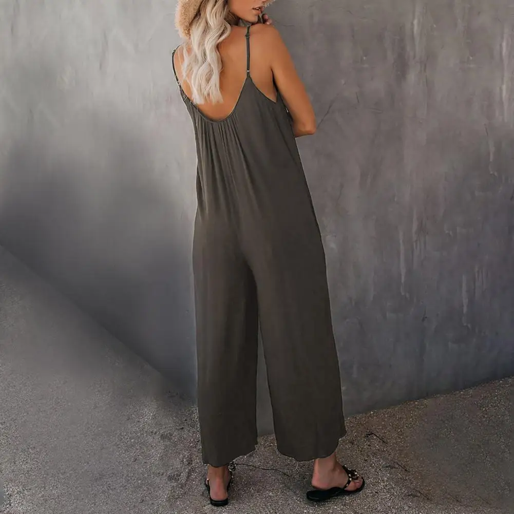 

Women Strap Loose Jumpsuit Summer Casual Wide Leg Pants Solid Overalls Sleeveless Oversized Cotton Linen Jumpsuits