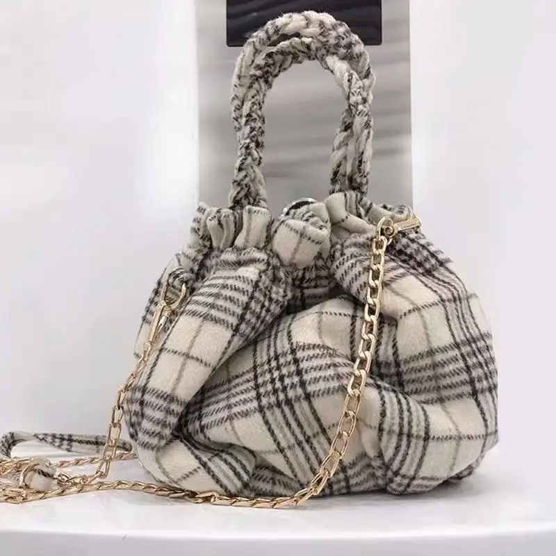 Женская шерстяная сумка ведро в клетку сумочка для пышек женская модная на плечо