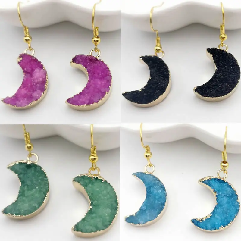 Серьги подвески с друзой из натурального золота в форме Луны синие серьги