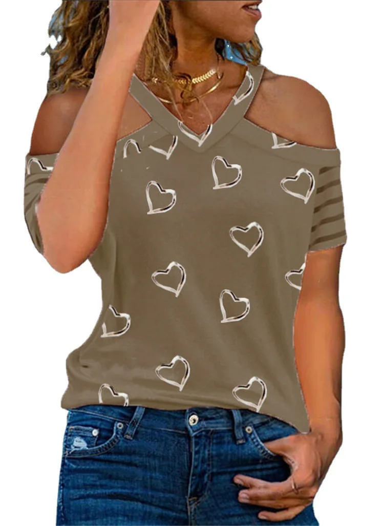 

2021 summer new style European and American fashion printed V-neck short-sleeved off-shoulder T-shirt