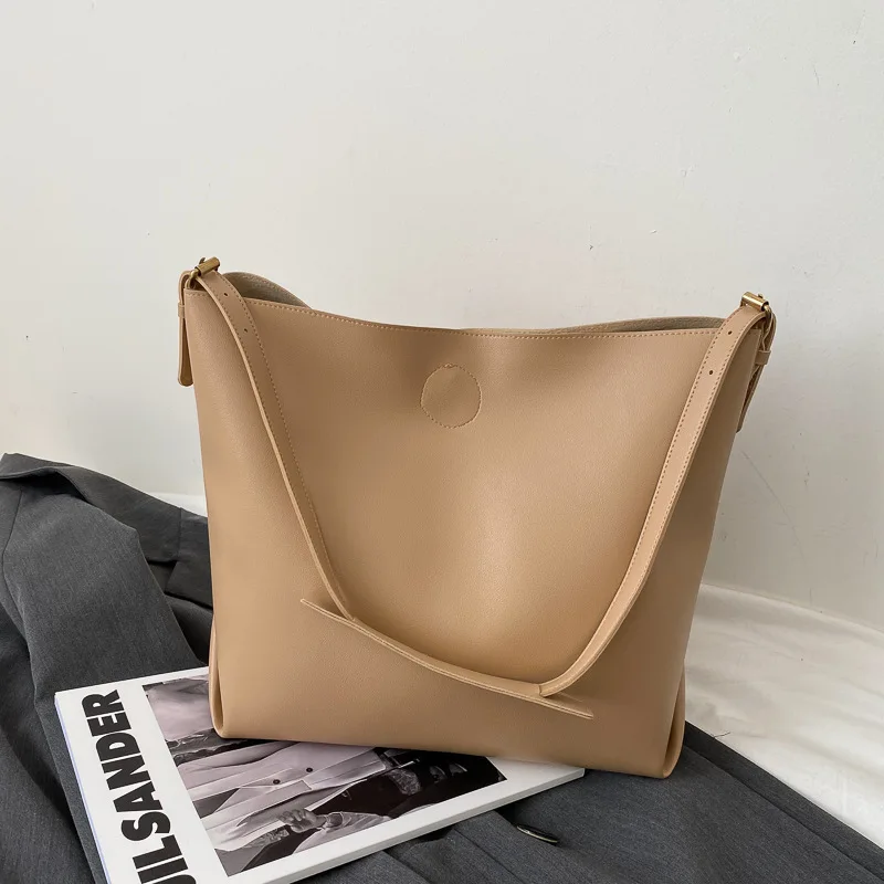 

Texture New Fashion Korean Version Simple Large Capacity Crossbody Messenger Solid Color Totes PU Leather Bucket Shoulder Bag