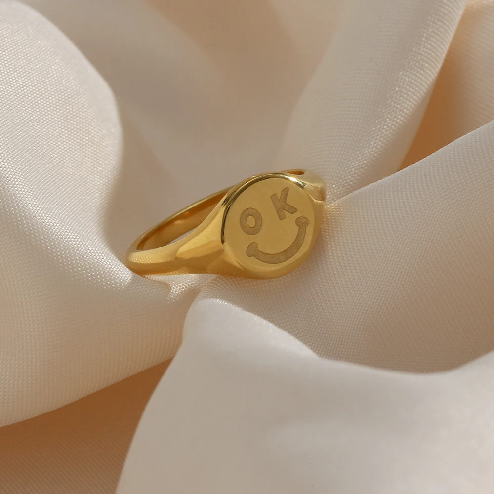 

Waterproof Optimistic Attitude Oval Face Ok Smile Signet Ring For Women Ladies Stainless Steel 18K Gold Cute Unique Ring