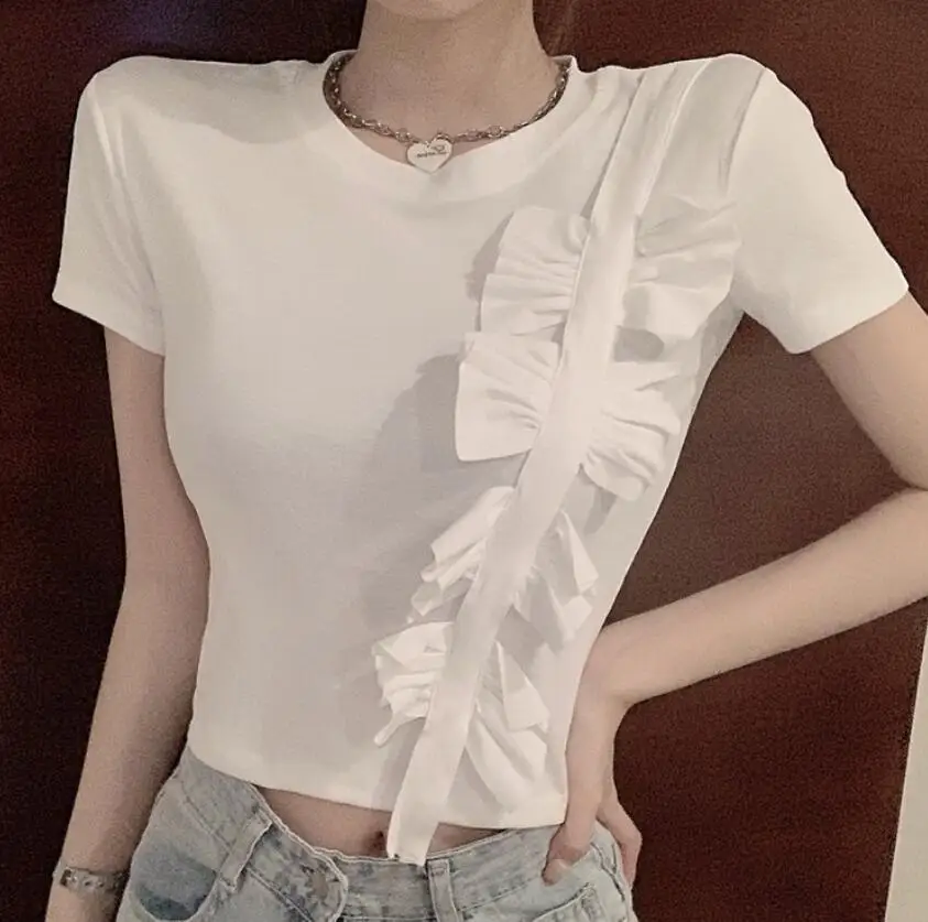 

Short Sleeve O Collar T-shirts Women 2021 Summer New Bow stitching Cotton Tshirts Female Casual Tops w447