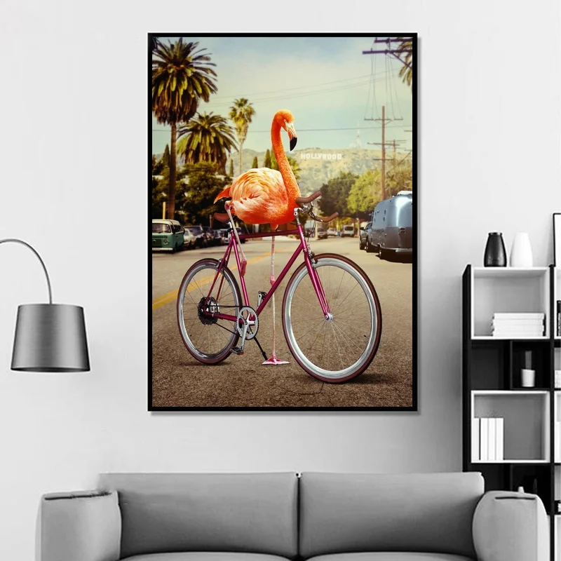 Настенная картина с изображением розового велосипеда и фламинго креативный