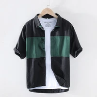 retro contrast color stitching short sleeve 100pure linen shirt mens casual art slim fit black clothing y2621