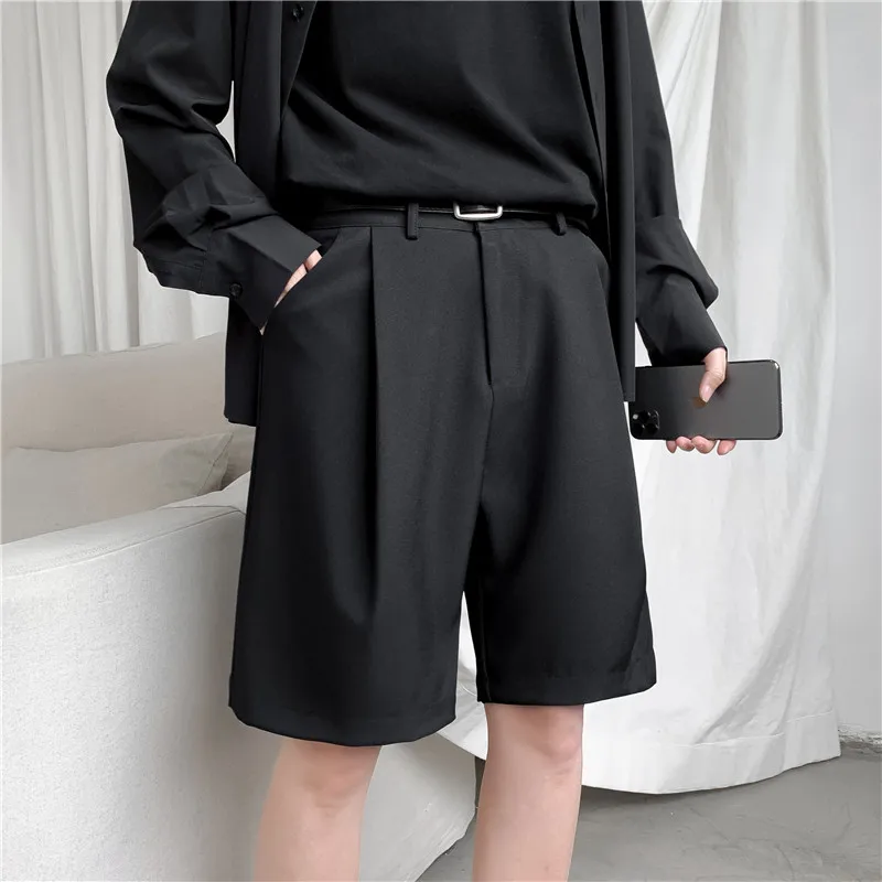 

Korean Men's Shorts Straight Fit Knee-Length Suit Pant Solid Beige Black Summer Clothing Student Thin Loose Casual Mens Shorts