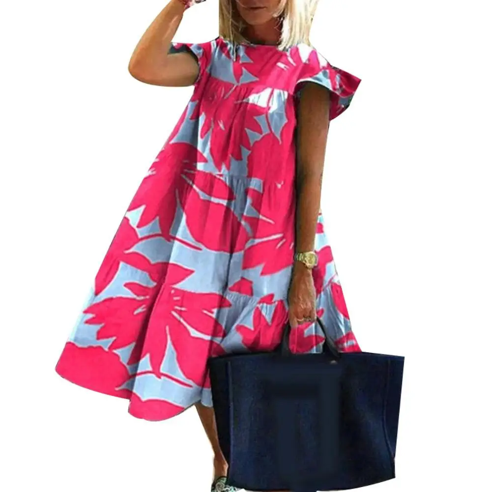 

Summer Dress Vintage Sexy Women Casual O Neck Short Sleeve Floral Print Large Hem A Line Dress Beach Party Dresses Plus Size