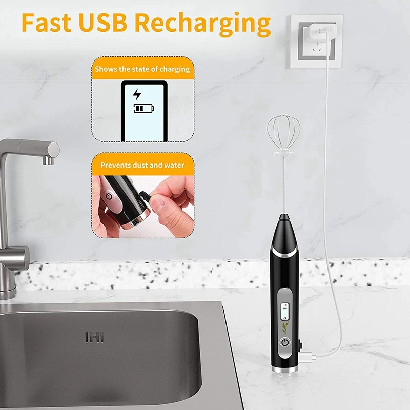 

Milk Frother, LCD Coffee Frother 3 Head Electric Whisk with 3 Speed Adjustable USB Rechargeable Handheld Foam Maker