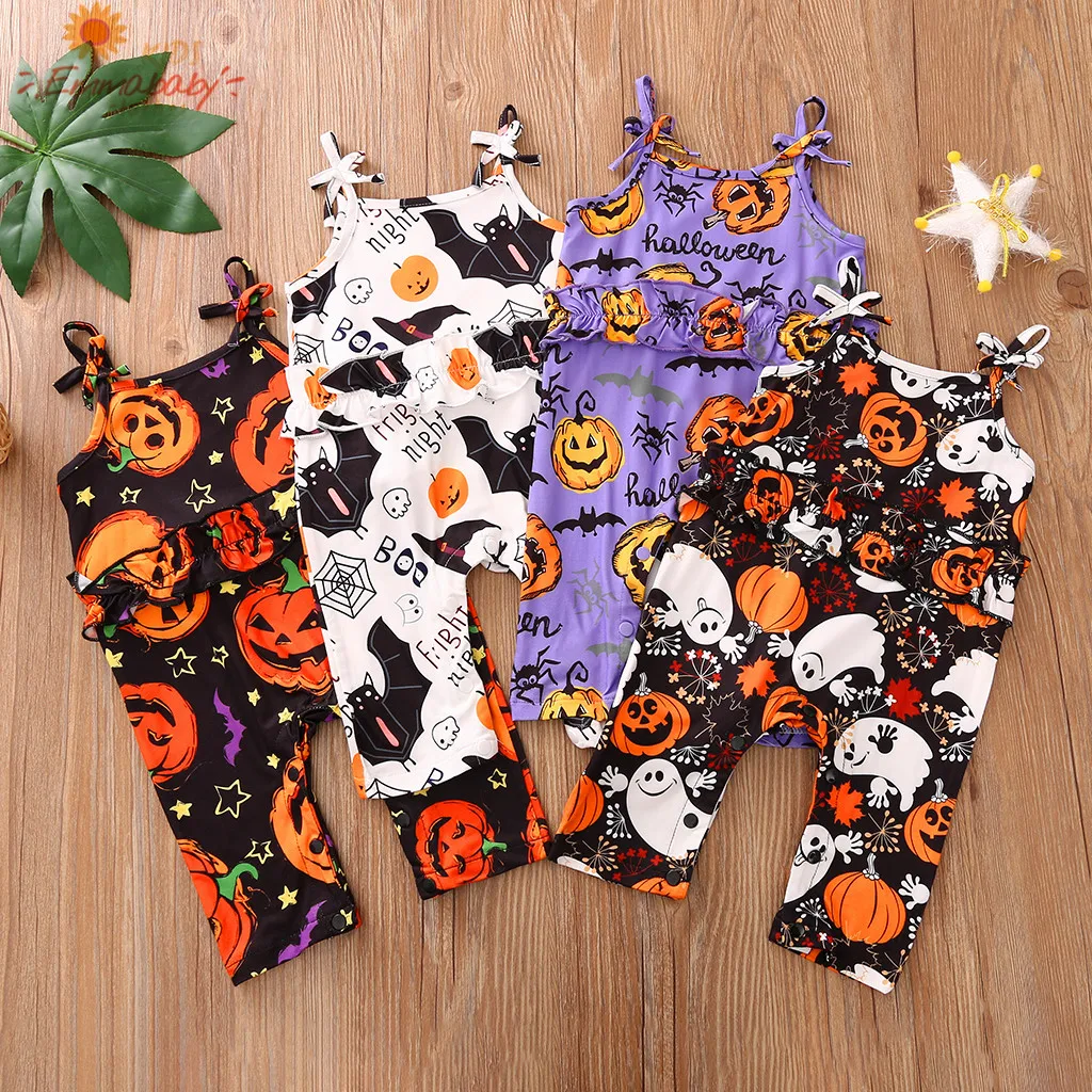 

Baby Halloween Tie Rompers Straps Sleeveless Boat-Neck Jumpsuit with Cartoon Pumpkin Ghost Prints for Toddler Girl 0-2 Years