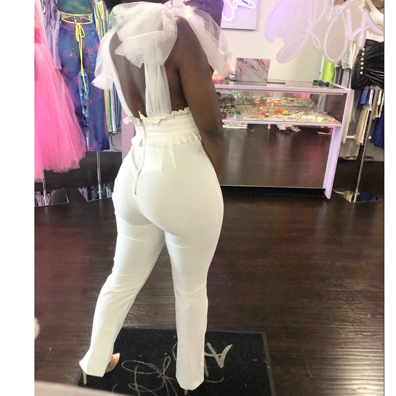 

Tied Bow Shoulder Mesh Pu Leather Patchwork Jumpsuit Women Black White Long Wide Pants Jumpsuit Womens Rompers Sexy Club Overall