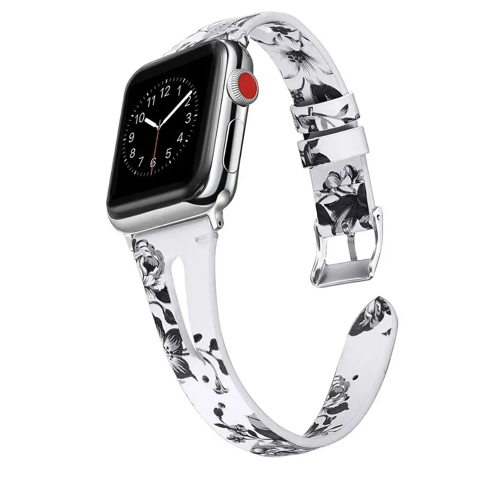White Gray 1 С цветочным узором ремешок для apple watch, ремешок 42 мм, 38 мм, ремешок для наручных часов iwatch, Версия 44 мм 40 мм Series 5/4/3/2/1 кожаный ремешок correa спортивный браслет - Цвет ремешка: White Gray 1