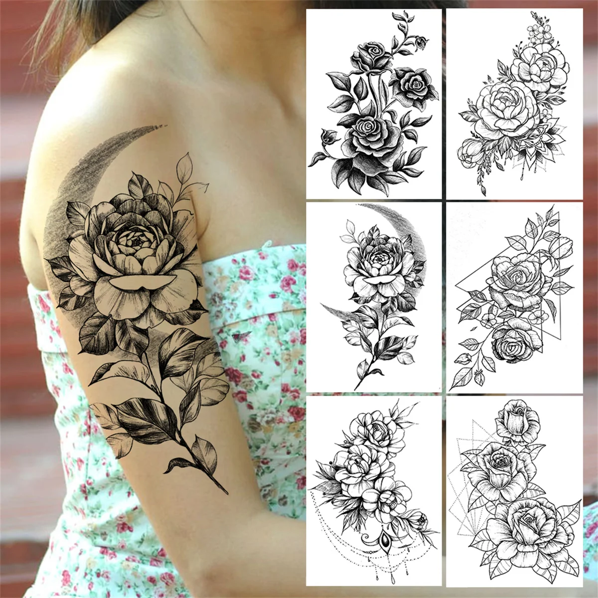 

Crescent Flower Peony Temporary Tattoos For Women Girls Adult Geometry Rose Tattoo Sticker Fake Moon Large Leaves Tatoos Armband