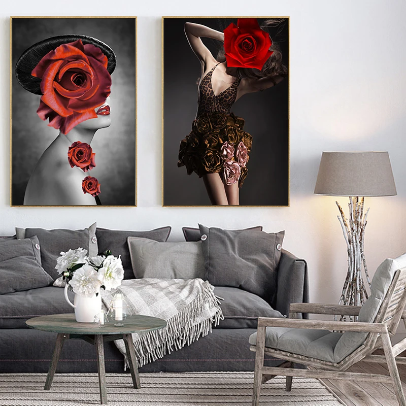 

Modern Flower Girl Sexy Wall Art Canvas Painting Red Rose Posters And Prints Art Fashion Wall Pictures For Living Room Decor
