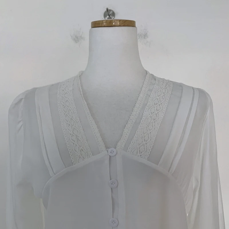 

Alien Kitty 2021 New Summer Lace Elegant Full Sleeve Shirt Women Patchwork Office Lady V-Neck Casual Blouse Fashion All-match