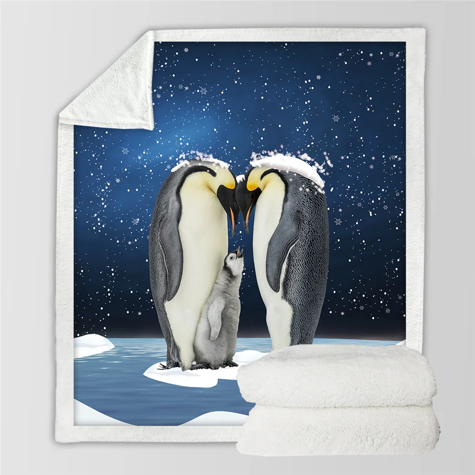 Постельные принадлежности Outlet Penguin, семейное одеяло для кроватей, постельное белье с защитой животных, 3D снег, шерпа, Флисовое одеяло, синее плюшевое покрывало