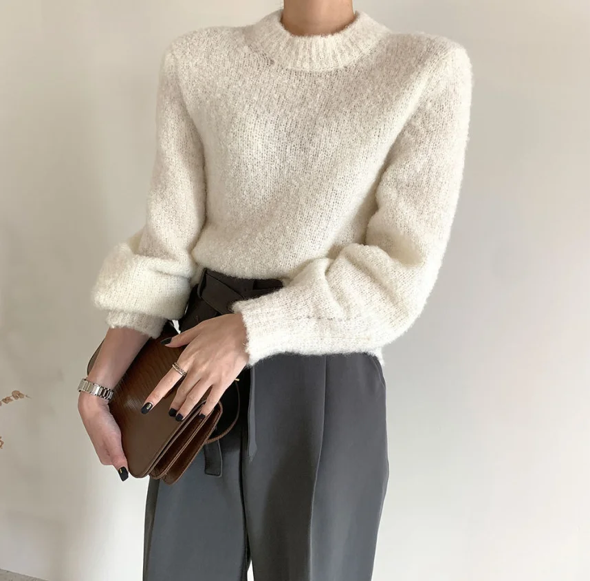 

HziriP New Autumn Winter Elegant Soft Warm Sweater OL Vintage Solid Pullovers Long Sleeve Loose Knitted Sweaters Woman Clothes