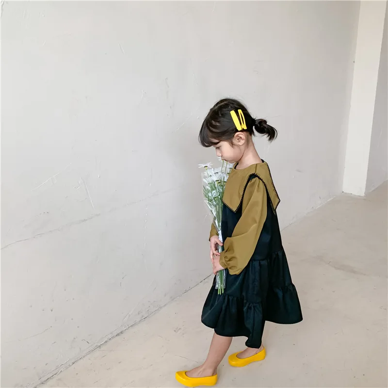 

Kids Dresses for Girls Lapel Stitching Dress 2021 Spring New Children Chiffon Korean Long Sleeve Dress