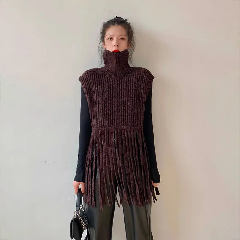 XITAO Solid Color Turtleneck Sweater Knitting Tassel Sleeveless Pullover 2020 Winter The New Casual Fashion Women ZY2467