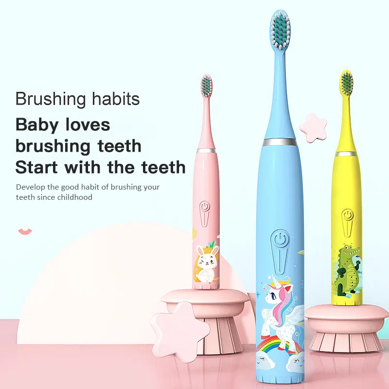 

Детская умная электрическая зубная щетка с USB-зарядкой, звуковая чистка DuPont, мягкая щетка для волос, маленькая Сменная головка 5-8 с низким ур...