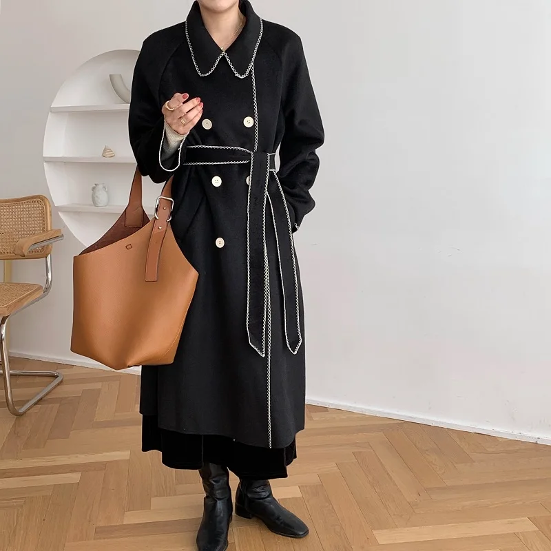 Croysier Women Coats 2022 Fashion Contrast Trim Faux Wool Coat Winter Overcoat Elegant Vintage Belted Double Breasted Long Coat