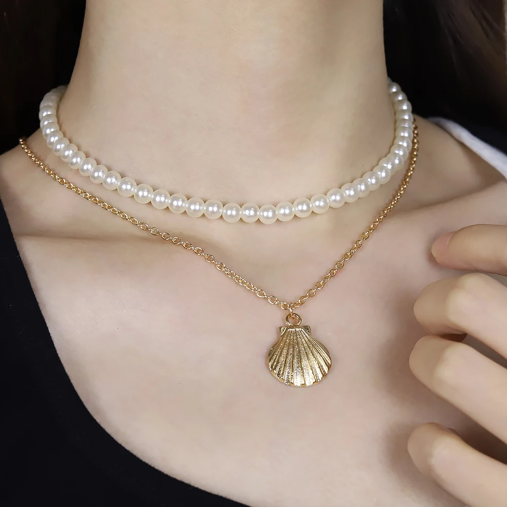 Pearl Shell Double Set Choker Necklace Fashion Personality Scallop Handmade Beaded Feminine Temperament Gift Wholesale | Украшения и