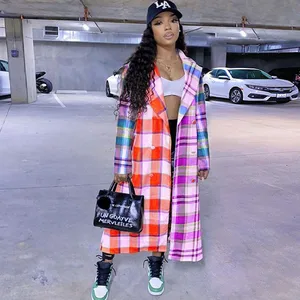 Цветная Длинная зимняя куртка в клетку и пальто для женщин, двубортная верхняя одежда с длинными рукавами, уличная одежда, повседневный шикарный топ, Femme Veste