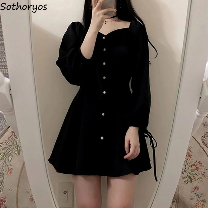 

Long Sleeve Dresses Women Button Sexy Lace-up Ribbon Lantern Students Sweet Classic Vintage Aesthetic Design Harajuku New Solid