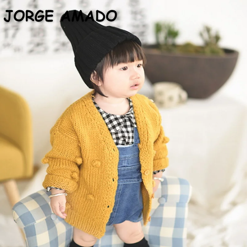 

2021 Hot Sale New Autumn Kids Girls Boys Sweater Long Sleeves V-neck Pompom Open Stitch Knitting Coat Children Casual Top E317