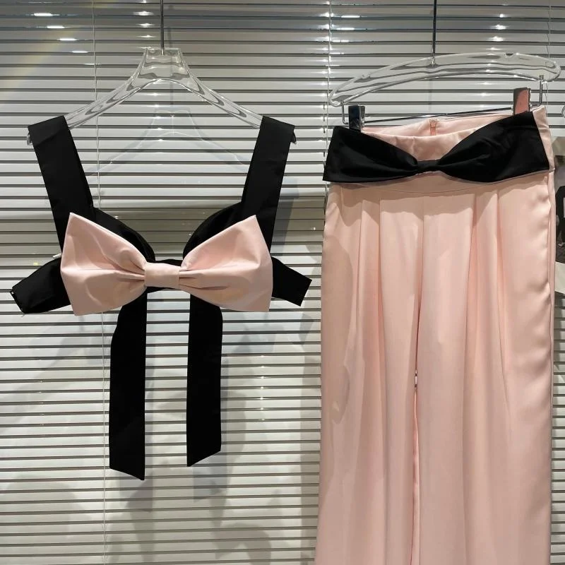 

Black And Pink Contrast Color Front And Back Big Bow 2021 Autumn New Vest Sling Vest