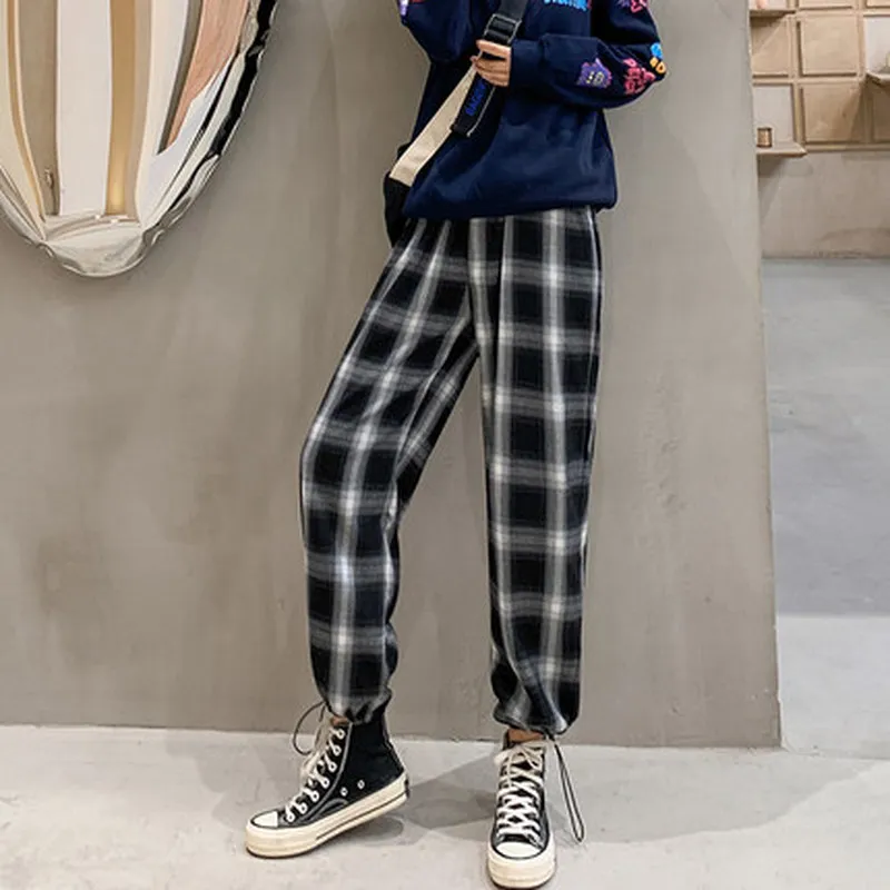 

women Harajuku Plaid Pants Women Korean Style Checked Trousers For Female 2021 Fashion High Waist Loose Casual Wide Leg