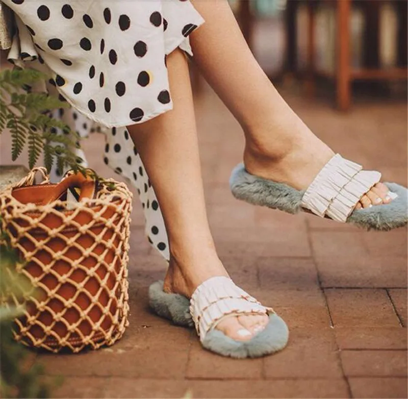 Женские Плиссированные кожаные меховые шлепанцы Модные Повседневные туфли на