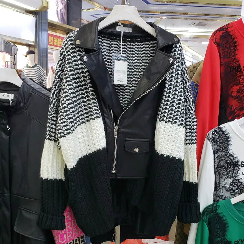 Женская кожаная куртка-бомбер на молнии [EWQ] черная трикотажная с отложным